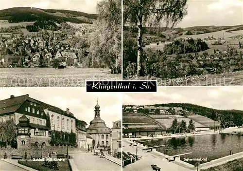 Klingenthal Vogtland Schloss mit Kirche Teilansicht Schwimmbad Kat. Klingenthal Sachsen