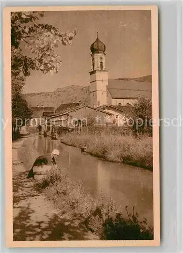 Oberammergau Kirchpartie am Fluss Kat. Oberammergau