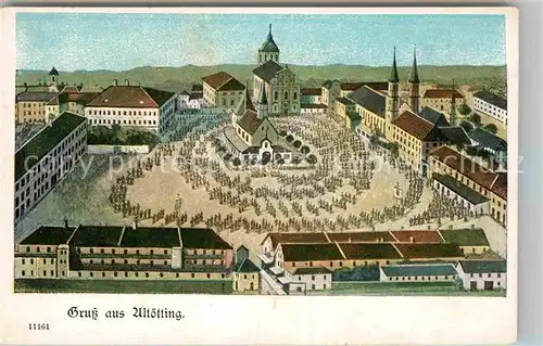 Altoetting Platz mit Kirchen Zeichnung Kat. Altoetting