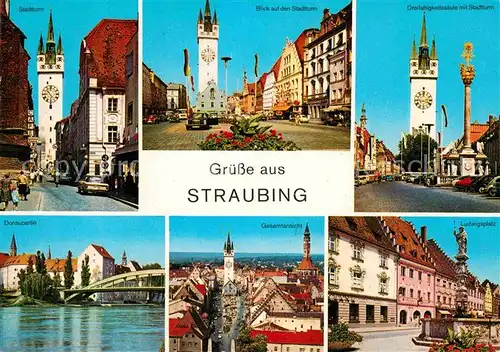 Straubing Donau Stadtturm Dreifaltigkeitssaeule Donaupartie Panorama Ludwigsplatz