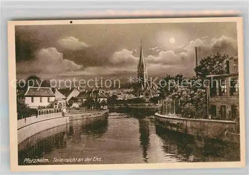 Pforzheim Teilansicht an der Enz Kirche im Mondschein Kat. Pforzheim