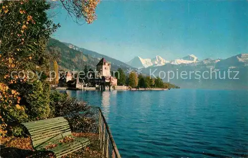 Oberhofen Thunersee Uferpartie am See mit Eiger Moench und Jungfrau Berner Alpen Kat. Oberhofen Thunersee