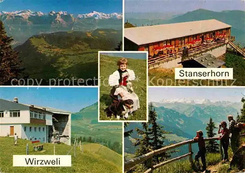 Wirzweli Stanserhorn Bahn Hotel Kulm Blick auf Alpenkette Maedchen Trachten Hund Kat. Wirzweli