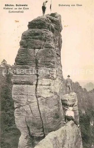 Klettern Bergsteigen Esse Lokomotive Saechsische Schweit Sicherung von Oben  Kat. Bergsteigen