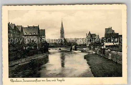 Pforzheim Zusammenfluss von Enz und Nagold Kirchturm Kat. Pforzheim