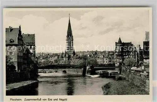 Pforzheim Zusammenfluss von Enz und Nagold Kirchturm Weltplatz fuer Schmuck und Uhren Kat. Pforzheim