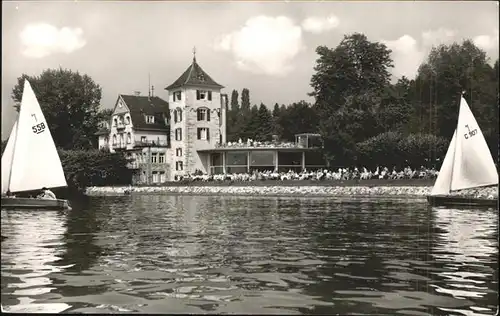 ueberlingen Bodensee Kurhalle Kurgarten Erholungsheim Kneippbad Seeburg Segelboot Kat. ueberlingen