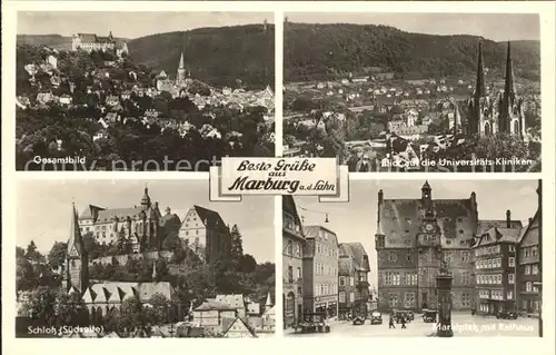 AK / Ansichtskarte Marburg Lahn Gesamtbild Universitaetskliniken Kirche Schloss Marktplatz Rathaus Brunnen Bromsilber Kat. Marburg