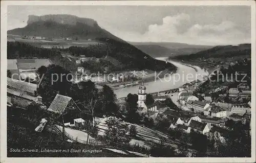 AK / Ansichtskarte Koenigstein Saechsische Schweiz Panorama Elbetal mit Lilienstein Elbsandsteingebirge Kat. Koenigstein Saechsische Schweiz