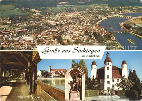 AK / Ansichtskarte Saeckingen Rhein Fliegeraufnahme Historische Holzbruecke Trompeterschloss Kat. Bad Saeckingen