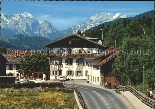 AK / Ansichtskarte Wallgau Gasthof Post gegen Wettersteinwand Hochblasssen Alpspitze Kat. Wallgau