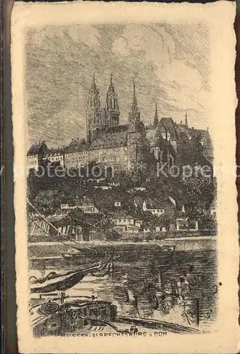 AK / Ansichtskarte Meissen Elbe Sachsen Burgberg Albrechtsburg Dom Original Radierung Handpressen Kupferdruck Kuenstlerkarte Kat. Meissen