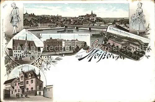 AK / Ansichtskarte Meissen Elbe Sachsen Panorama Burgberg Albrechtsburg Porzellan Manufaktur Fuerstenschule Rathaus Burgkeller Litho Reichspost Kat. Meissen