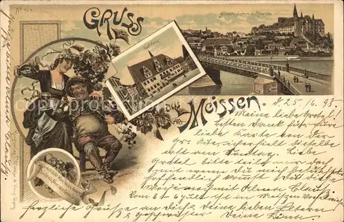 AK / Ansichtskarte Meissen Elbe Sachsen Wein Trinkspruch Rathaus Elbbruecke Burgberg Albrechtsburg Litho Reichspost Kat. Meissen