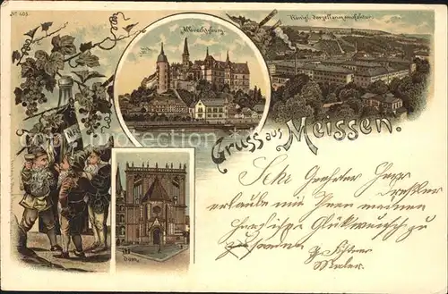 AK / Ansichtskarte Meissen Elbe Sachsen Wein Zwerge Dom Burgberg Albrechtsburg Kgl Porzellanmanufaktur Litho Reichspost Kat. Meissen