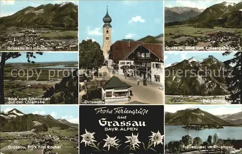 AK / Ansichtskarte Grassau Chiemgau Panorama Hochfelln Rachel Ortsmotiv Kirche Kaisergebirge Schnappen Fraueninsel Edelweiss Kat. Grassau