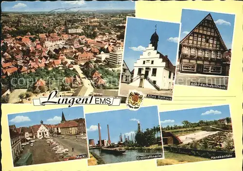 AK / Ansichtskarte Lingen Ems Blick ueber die Stadt Rathaus Fachwerkhaus Hanekenfaehr Erdoelraffinerie Markt Kat. Lingen (Ems)