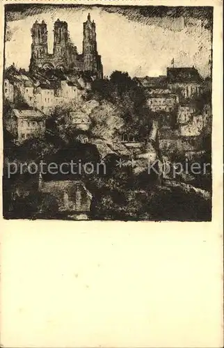 AK / Ansichtskarte Laon Aisne 2. Blick auf Stadt und Kathedrale Zeichnung von Karl Lotze Kat. Laon