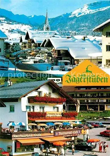 AK / Ansichtskarte Riezlern Kleinwalsertal Vorarlberg Restaurant Cafe Jaegerstuben Ortsansicht mit Kirche Winterpanorama Alpen Kat. Mittelberg