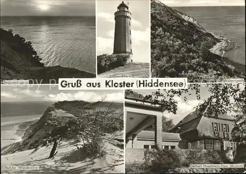 AK / Ansichtskarte Kloster Hiddensee Sonnenuntergang Leuchtturm Dornbusch Gerhart Hauptmann Haus Museum Steilufer Wanderduene Kat. Insel Hiddensee