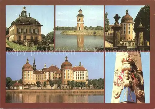 AK / Ansichtskarte Moritzburg Sachsen Fasanerie Schloesschen Mole Leuchtturm ehem. Jagdschloss Barockmuseum Distanzsaeule 18. Jhdt. Kat. Moritzburg Dresden