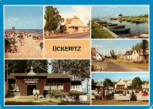 AK / Ansichtskarte ueckeritz Usedom Strand Ratscafe Bootshafen Achterwasser Hauptstrasse Cafe Oriental Tanzbar Fischerhuette Kurplatz Kat. ueckeritz Usedom