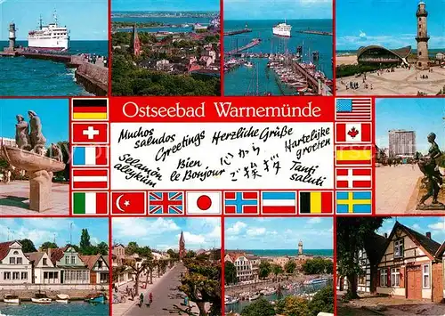 AK / Ansichtskarte Warnemuende Ostseebad Hafeneinfahrt Faehre Leuchtturm Teepott Wahrzeichen Lotsenehrung Denkmal Statue Nationalflaggen Kat. Rostock