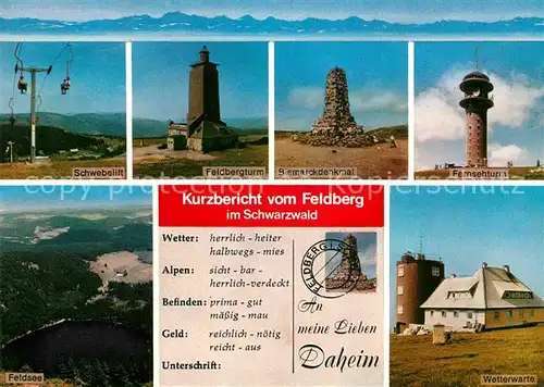 AK / Ansichtskarte Feldberg Schwarzwald Schwebelift Feldbergturm Bismarckdenkmal Fernsehturm Wetterwarte Feldsee Alpenkette Kat. Feldberg (Schwarzwald)