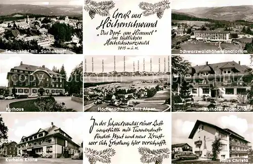 AK / Ansichtskarte Hoechenschwand Sonnenhof Schwarzwald Hoehensanatorium Kurhaus Alpenpanorama Kurhotel Alpenblick Kurheim Krone Haus Christa Kat. Hoechenschwand