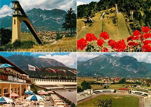 AK / Ansichtskarte Garmisch Partenkirchen Cafe Restaurant Hotel Pension Olympiahaus Skistadion Sprungschanze Alpenpanorama Kat. Garmisch Partenkirchen