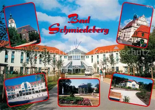 AK / Ansichtskarte Bad Schmiedeberg Rehaklinik der BfA Stadtkirche Rathaus Alte Wache Kurmittelhaus Kurfuerstenbrunnen Moorkueche Kat. Bad Schmiedeberg Duebener Heide