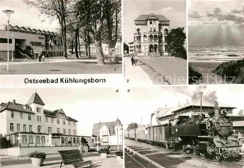 AK / Ansichtskarte Kuehlungsborn Ostseebad FDGB Meerwasserschwimmhalle FDGB Erholungsheim Schloss am Meer Strand FDGB Cafe Jochen Weigert Molli auf am Bahnhof  Kat. Kuehlungsborn