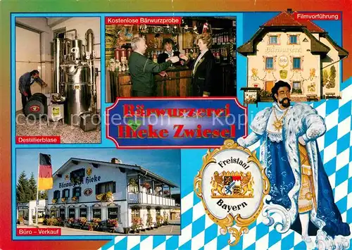 AK / Ansichtskarte Zwiesel Niederbayern Baerwurzerei Hieke Destillierblase Baerwurzprobe Filmvorfuehrung Buero Verkauf Kat. Zwiesel