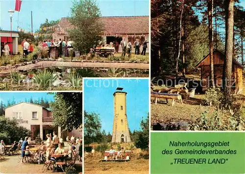 AK / Ansichtskarte Treuen Treuener Land Kleingartensparte Waldeslust Waldgaststaette Buch Perlaser Turm Fischerhaeusel am Gloeckelteich Kat. Treuen Vogtland