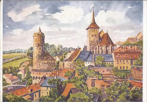 AK / Ansichtskarte Bautzen 1000jaehrige Stadt Alte Wasserkunst Michaeliskirche Aquarell Georg Heine Kuenstlerkarte Kat. Bautzen