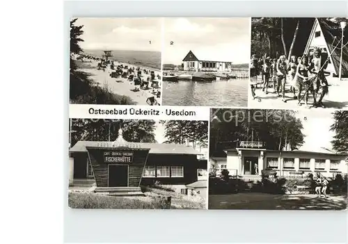 AK / Ansichtskarte ueckeritz Usedom Strand Hafen am Achterwasser Neptunfest Fischerhuette Strandklause Kat. ueckeritz Usedom