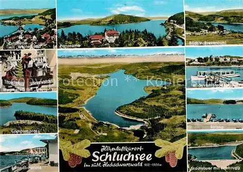 AK / Ansichtskarte Schluchsee Wolfsgrund Panorama Riesenbuehl Wegweiser Campingplatz Strandcafe Strand Staumauer Seebrugg Kat. Schluchsee