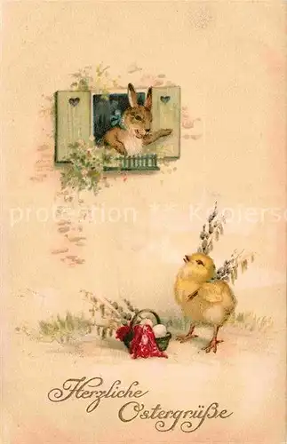 AK / Ansichtskarte Vermenschlicht Hase Kueken Ostern Weidenkaetzchen Ostereier Litho  Kat. Kuenstlerkarte