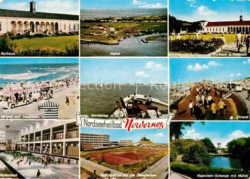 AK / Ansichtskarte Norderney Nordseebad Kurhaus Hafen Kurplatz Strand Inselbahn Wellenbad Tennis Napoleon Schnaze mit Muehle Kat. Norderney