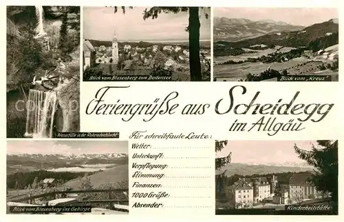 AK / Ansichtskarte Scheidegg Allgaeu Wasserfaelle Blasenberg Bodensee Blick vom Kreuz Alpenpanorama Kinderheilstaette Kat. Scheidegg