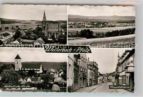 AK / Ansichtskarte Weilerbach Kaiserslautern Protestantische Katholische Kirchen Hauptstrasse Panorama