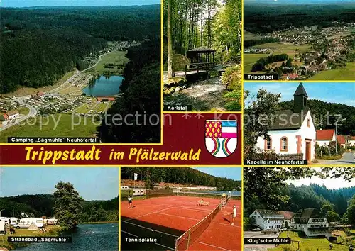 AK / Ansichtskarte Trippstadt Fliegeraufnahme Camping Saegmuehle Neuhofertal Karlstal Strandbad Tennisplatz Kapelle Klugsche Muehle Kat. Trippstadt