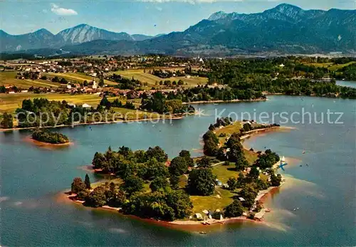 AK / Ansichtskarte Seehausen Staffelsee mit Insel Buchau Alpenpanorama Fliegeraufnahme Kat. Seehausen a.Staffelsee