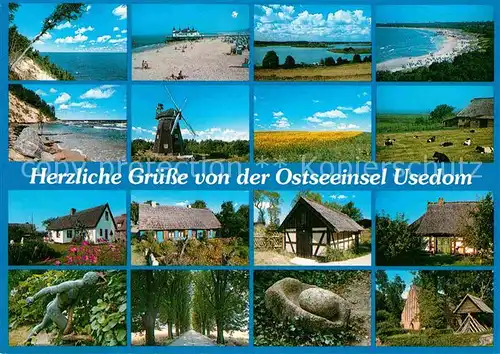 AK / Ansichtskarte Usedom Kueste Strand Landschaftspanorama Windmuehle Haeuser Statue Baumallee Kat. Usedom