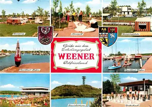 AK / Ansichtskarte Weener Ems Campingplatz Minigolf Sportboot Hafen Freibad Aussichtsturm Grossschach Bodenschach Kat. Weener