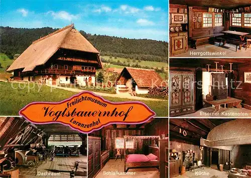 AK / Ansichtskarte Gutachtal Freilichtmuseum Vogtsbauernhof Herrgottswinkel Eiserner Kastenofen Dachraum Schlafkammer Kueche Kat. Gutach