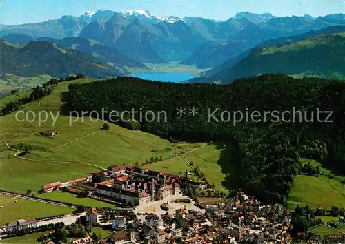 AK / Ansichtskarte Einsiedeln SZ Kloster See Alpenpanorama Fliegeraufnahme Kat. Einsiedeln