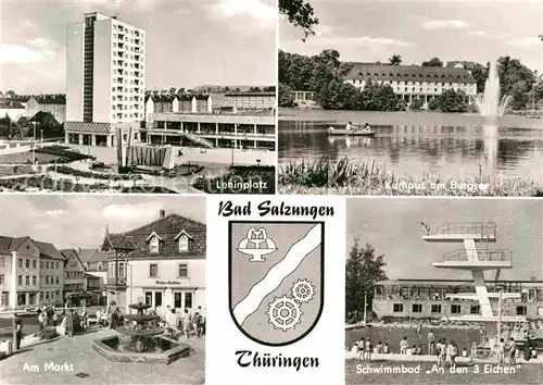 AK / Ansichtskarte Bad Salzungen Leninplatz Hochhaus Kurhaus Burgsee Schwimmbad Sprungturm Markt Wappen Kat. Bad Salzungen