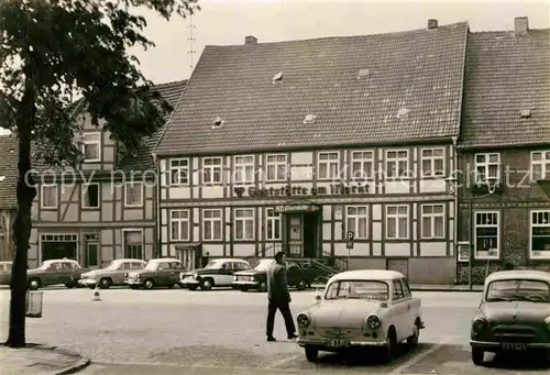 AK / Ansichtskarte Sternberg Mecklenburg Karl Liebknecht Platz Gaststaette am Markt Fachwerkhaus Kat. Sternberg Mecklenburg