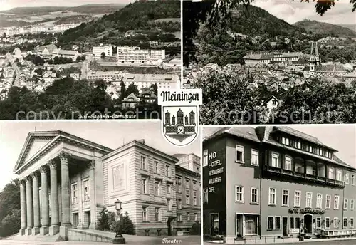 AK / Ansichtskarte Meiningen Thueringen Juri Gagarin Oberschule Stadtbild mit Kirche Theater HO Hotel Kat. Meiningen